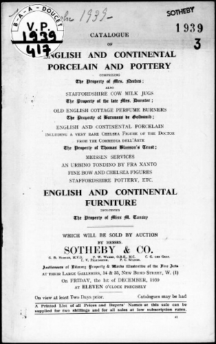 Catalogue of English and continental porcelain and pottery [...] : [vente du 1er décembre 1939]