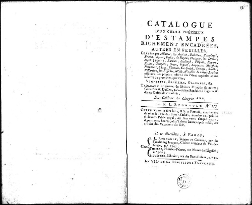 Catalogue d'un choix précieux d'estampes richement encadrées, autres en feuilles [...] : [vente du 25 au 27 février 1799]
