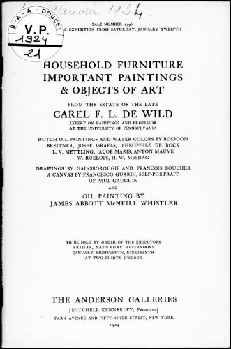 Household furniture, important paintings and objects of art from the estate of the late Carel F. L. De Wild [...] : [vente des 18 et 19 janvier 1924]