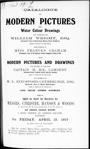 Catalogue of modern pictures and water colour drawings […] : [vente du 13 avril 1917]