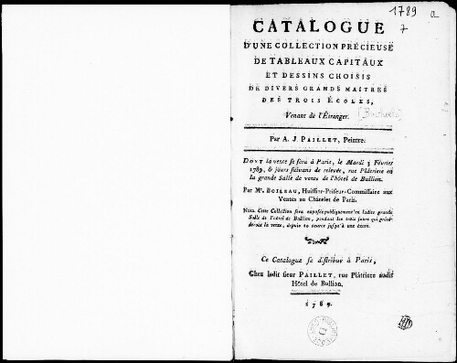 Catalogue d’une collection précieuse de tableaux capitaux et dessins choisis de divers grands maîtres des trois écoles [...] : [vente du 3 février 1789]