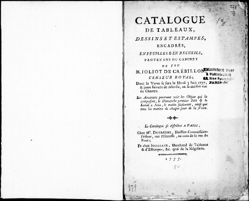 Catalogue de tableaux, dessins et estampes, encadrés, en feuilles et en recueils, provenant du cabinet de feu M. Joliot de Crébillon [...] : [vente du 3 juin 1777]