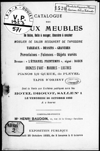 Catalogue des beaux meubles de salon [...] : [vente du 26 octobre 1923]