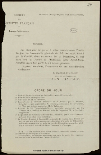 Ordre du jour de l'Assemblée Générale de la Société Nationale des Artistes Français, 21 décembre 1889
