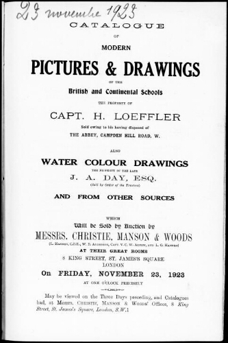 Catalogue of modern pictures and drawings of the British and continental schools [...] : [vente du 23 novembre 1923]