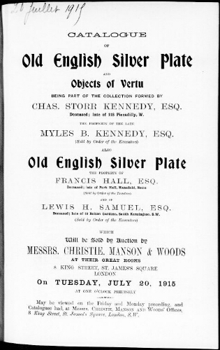 Catalogue of old English silver plate and objects of vertu […] : [vente du 20 juillet 1915]