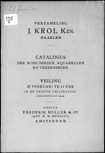 Verzameling J. Krol Kzn. Haarlem […] : [vente du 27 février 1916]
