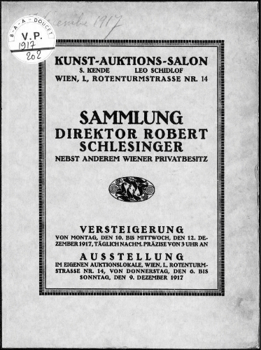 Sammlung Direktor Robert Schlesinger nebst anderem Wiener Privatbesitz […] : [vente du 7 décembre 1917]