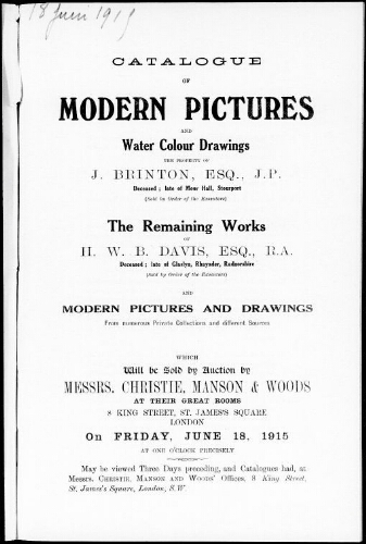 Catalogue of modern pictures and water colour drawings […] : [vente du 18 juin 1915]