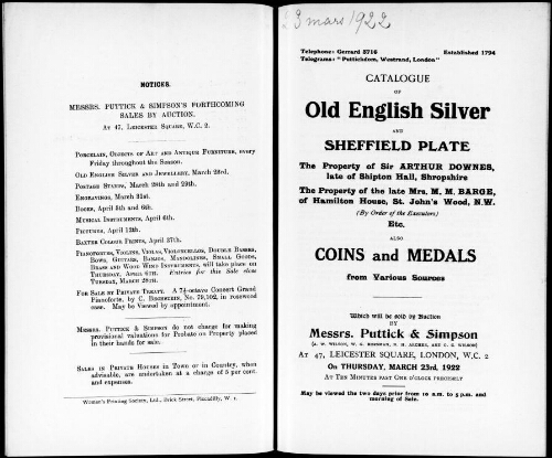 Catalogue of old English silver and Sheffield plate the property of Sir Arthur Downes, late of Shipton Hall, Shropshire [...] : [vente du 23 mars 1922]