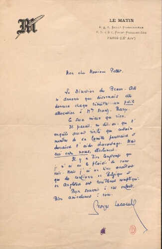 Lettre de Georges Lecomte à Gustave Pellet