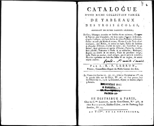 Catalogue d'une riche collection variée de tableaux des trois écoles, provenant de divers cabinets célèbres [...] : [vente du 4 avril 1799]