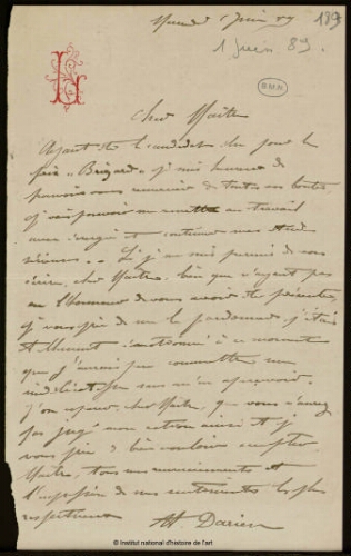 Lettre de Darieu à Jean-Louis-Ernest Meissonier, 1er juin 1889
