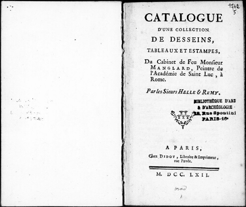 Catalogue d'une collection de dessins, tableaux et estampes du cabinet de feu Monsieur Manglard [...] : [vente du 7 juin 1762]
