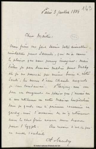 Lettre à Jean-Louis-Ernest Meissonier, 3 juillet 1884