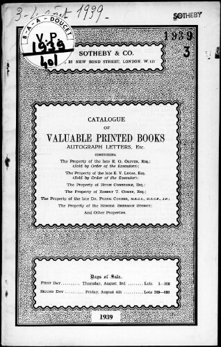 Catalogue of valuable printed books, autograph letters, etc. [...] : [vente du 3 août 1939]
