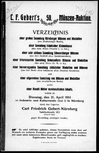 Verzeichnis einer grossen Sammlung Nürnberger Münzen und Medaillen [...] : [vente du 21 avril 1914]