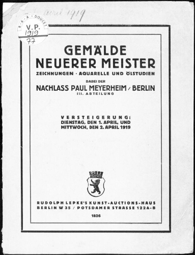 Gemälde neuerer Meister, Zeichnungen, Aquarelle und Ölstudien [...] : [vente des 1er et 2 avril 1919]