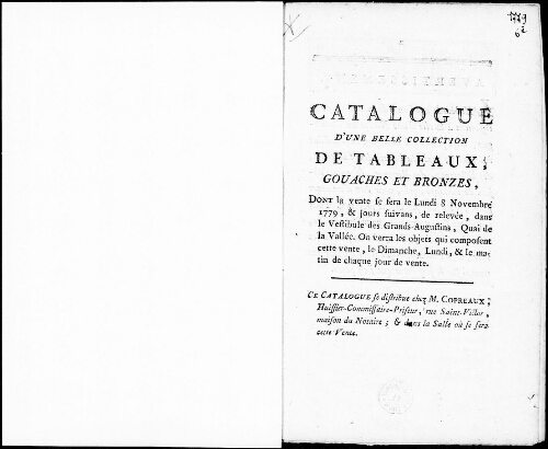 Catalogue d’une belle collection de tableaux, gouaches et bronzes [...] : [vente du 8 novembre 1779]