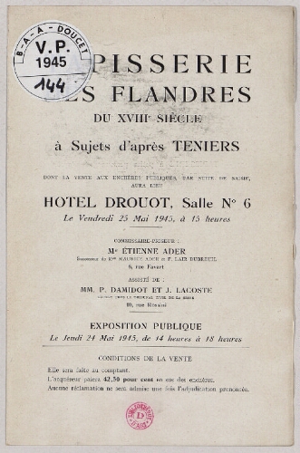 Tapisserie des Flandres du XVIIIe siècle à sujets d'après Teniers : [vente du 25 mai 1945]