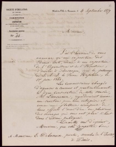 Lettre de Couverel à Eugène Delacroix du 4 septembre 1859