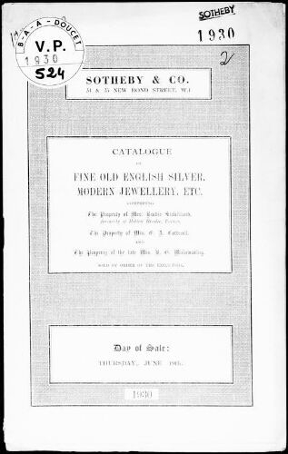 Catalogue of fine old English silver, modern jewellery, etc., comprising the property of Mrs. Brodie Strickland [...] : [vente du 19 juin 1930]