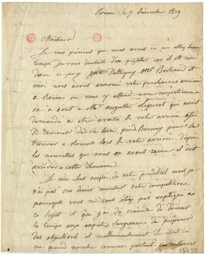Lettre de Jean Antoine Alavoine, 7 décembre 1829