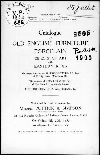 Old English furniture, porcelain, objects of art and Eastern rugs [...] : [vente du 25 juillet 1930]