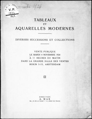 Tableaux et aquarelles modernes, diverses successions et collections [...] : [vente du 4 novembre 1924]
