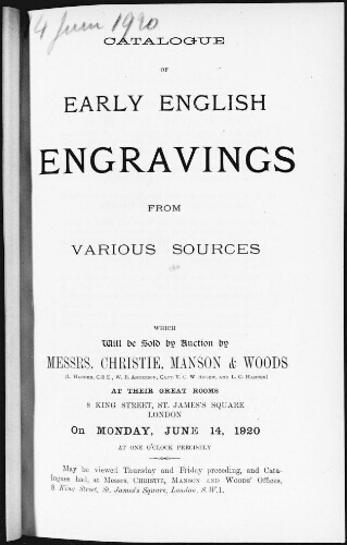 Catalogue of Early English Engravings from various sources [...] : [vente du 14 juin 1920]