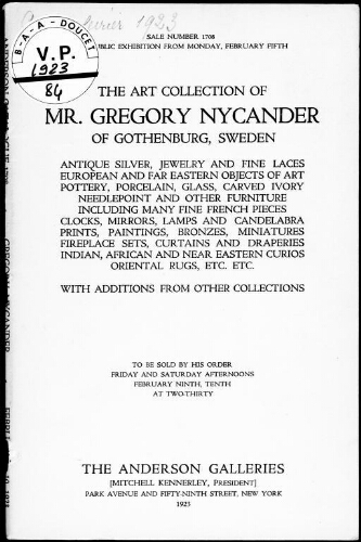 Art collection of Mr. Gregory Nycander, of Gothenburg, Sweden [...] : [vente des 9 et 10 février 1923]