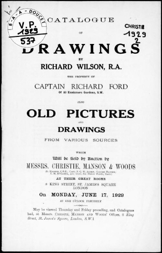 Catalogue of old pictures and drawings by Richard Wilson, R.A., the property of Captain Richard Ford [...] : [vente du 17 juin 1929]