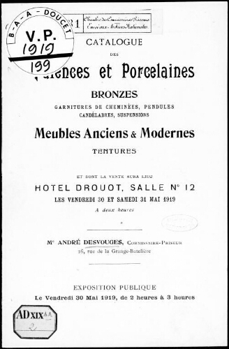Catalogue des faïences et porcelaines, bronzes [...] : [vente des 30 et 31 mai 1919]