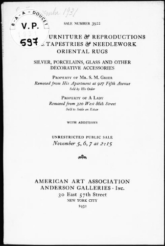 Period furniture and reproductions, rare tapestries and needlework, oriental rugs [...] property of Mr. S. M. Grier[...] : [vente du 5 au 7 novembre 1931]