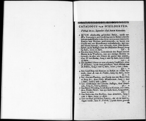 Catalogus van Schilderyen [...] : [vente du 20 septembre 1756]