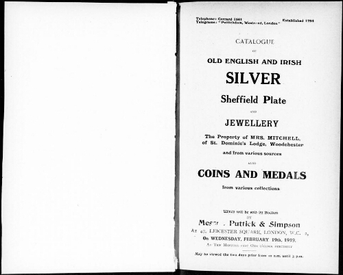 Catalogue of old English and Irish silver Sheffield plate and jewellery [...] : [vente du 19 février 1919]