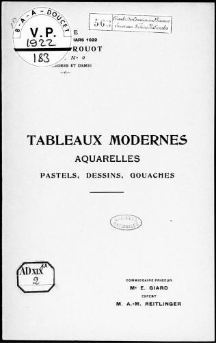Tableaux modernes, aquarelles, pastels, dessins , gouaches : [vente du 18 mars 1922]