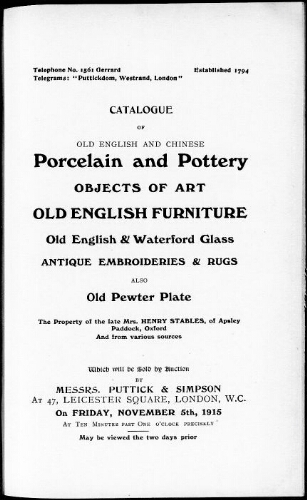 Catalogue of old English and Chinese porcelain and pottery [...] : [vente du 5 novembre 1915]