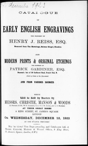 Catalogue of early English engravings, the property of Henry J. Reiss, Esq. [...] : [vente du 12 décembre 1923]