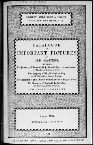 Catalogue of important pictures by old masters [...] : [vente du 15 mai 1923]