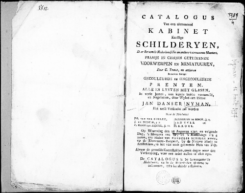 Catalogus van een uitmuntend kabinet kunstige schilderyen [...] : [vente du 16 août 1797]