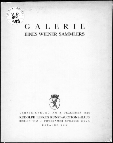 Galerie eines Wiener Sammlers : [vente du 3 décembre 1929]