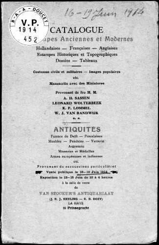 Catalogue estampes anciennes et modernes, hollandaises, françaises, anglaises […] : [vente du 16 au 19 juin 1914]