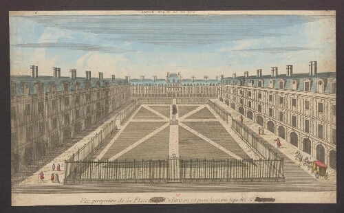 Vue perspective de la Place royal à Paris ou est posée la statue Equestre de Louis 13