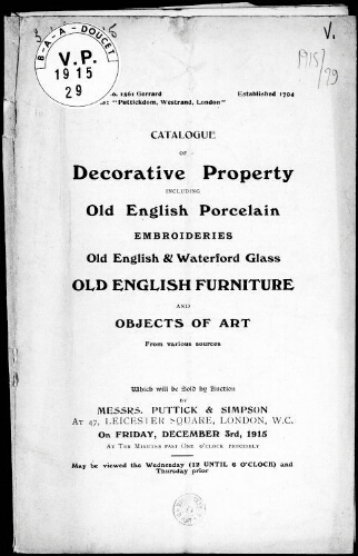 Catalogue of decorative property including old English porcelain […] : [vente du 3 décembre 1915]