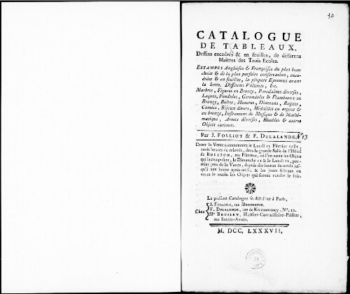 Catalogue de tableaux, dessins encadrés et en feuilles, de différents maîtres des trois écoles [...] : [vente du 12 février 1787]