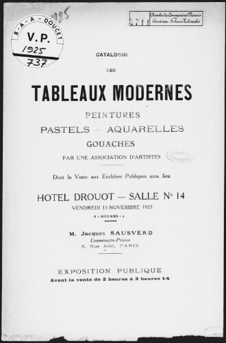 Catalogue des tableaux modernes, peintures, pastels, aquarelles, gouaches, par une association d'artistes [...] : [vente du 13 novembre 1925]