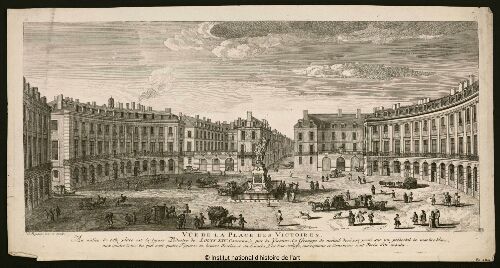 Vûë de la Place des Victoires, au milieu de cette place est la figure pédestre de Louis XIV couronné par la Victoire