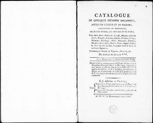 Catalogue de quelques estampes encadrées, autres en feuilles et en volumes, anciennes et modernes [...] : [vente du 15 mai 1794]