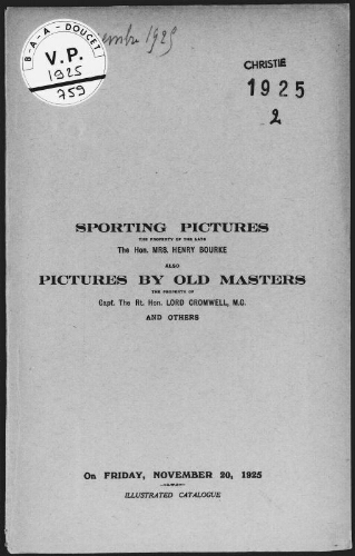 Sporting pictures, the property of the late the Hon. Mrs. Henry Bourke [...] : [vente du 20 novembre 1925]